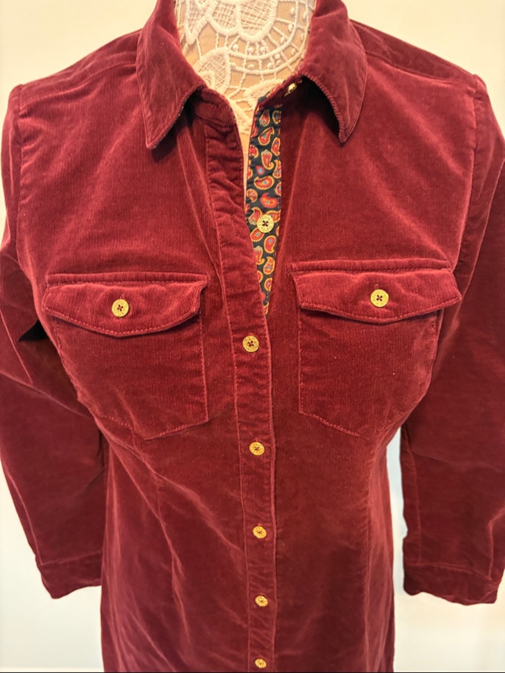 C. Wonder Long-Sleeve Corduroy Shirt Dress in Burgundy Size 8 - Picture 2 of 4